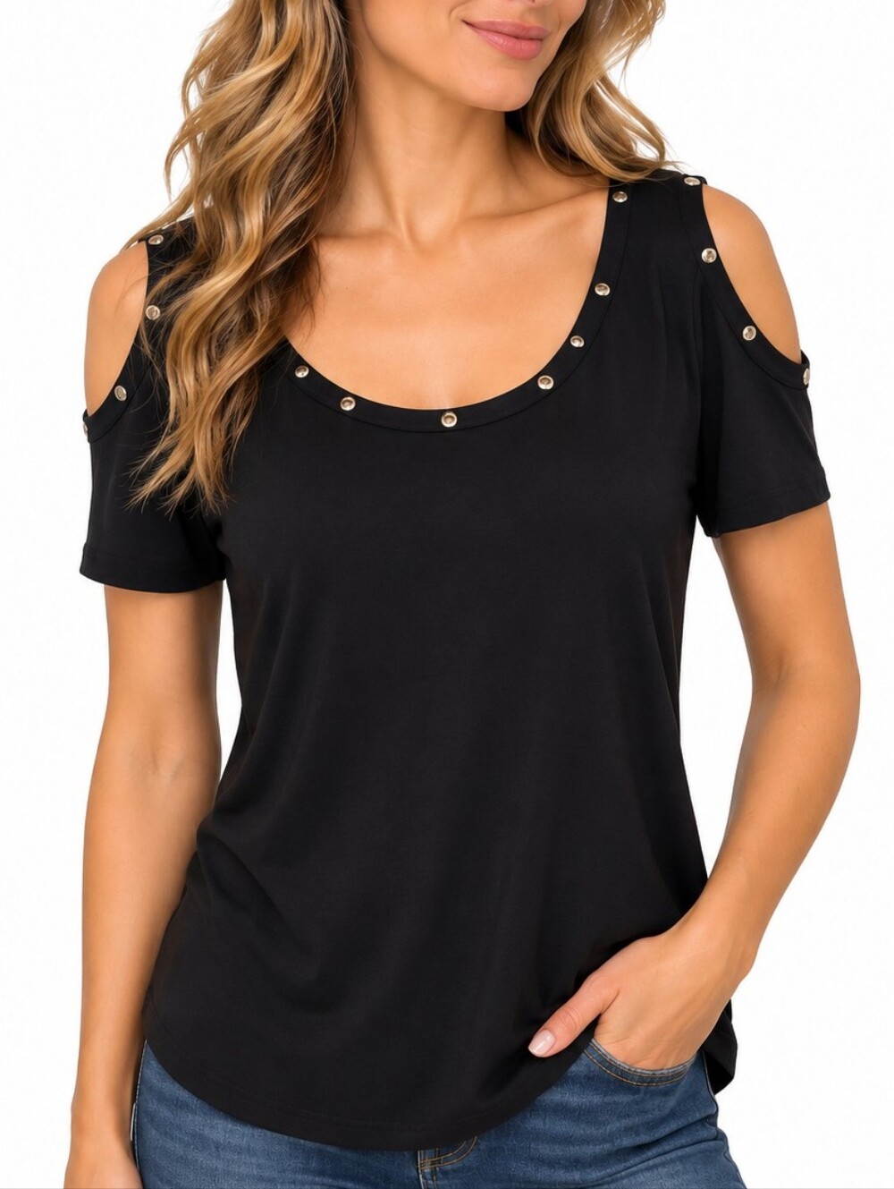 CAROL ROSE | Women’s Black Cold-Shoulder Short-Sleeve Shirt Size M